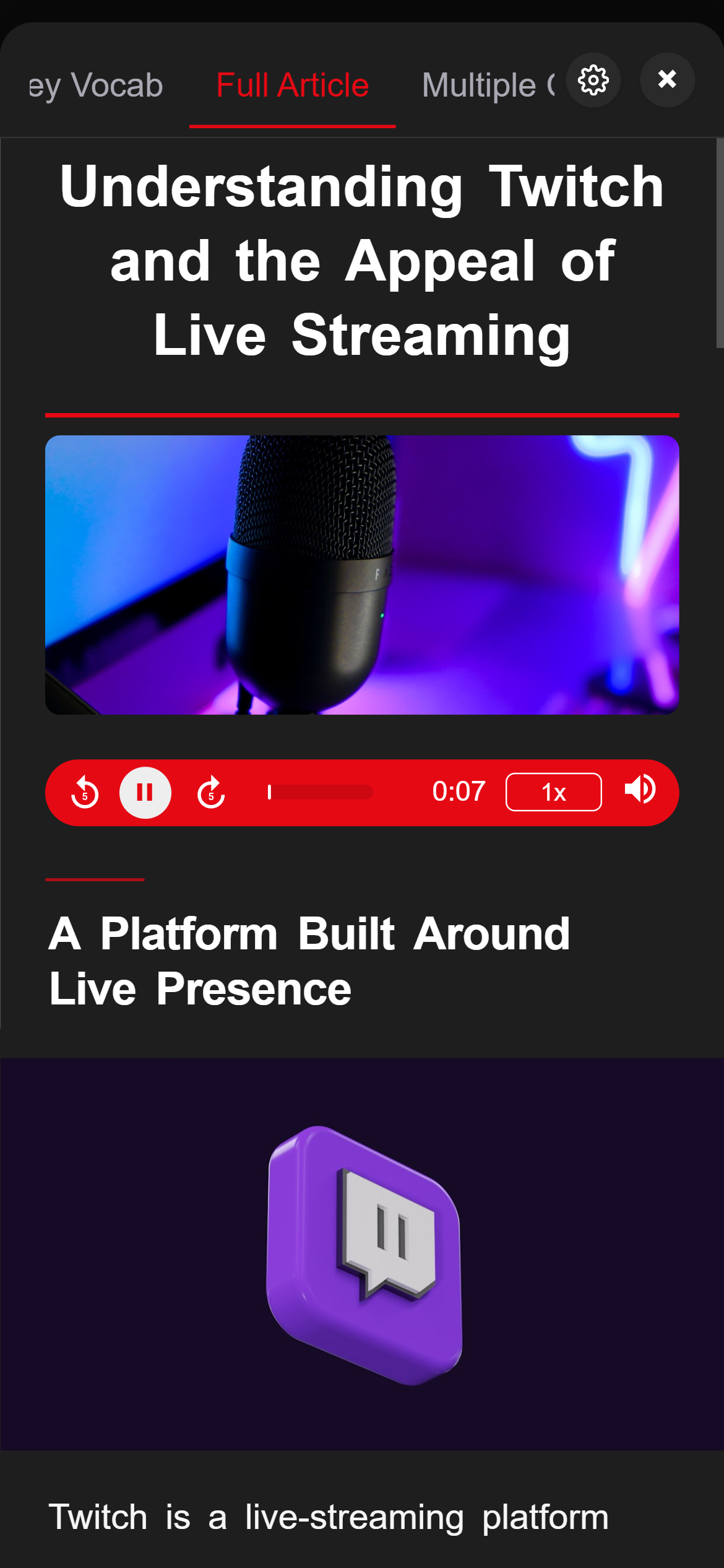 Article audio player screen