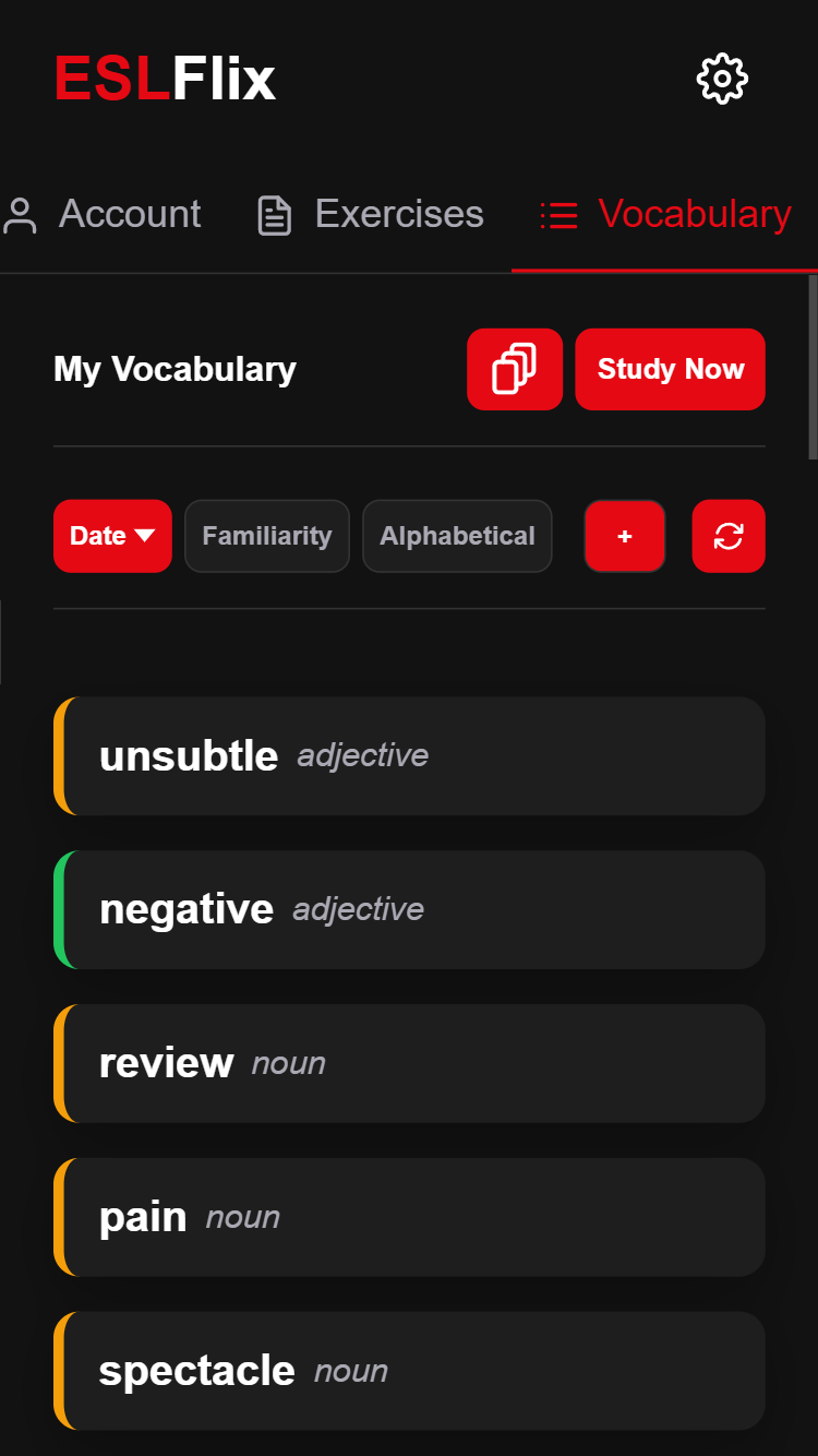 Personal vocabulary list screenshot